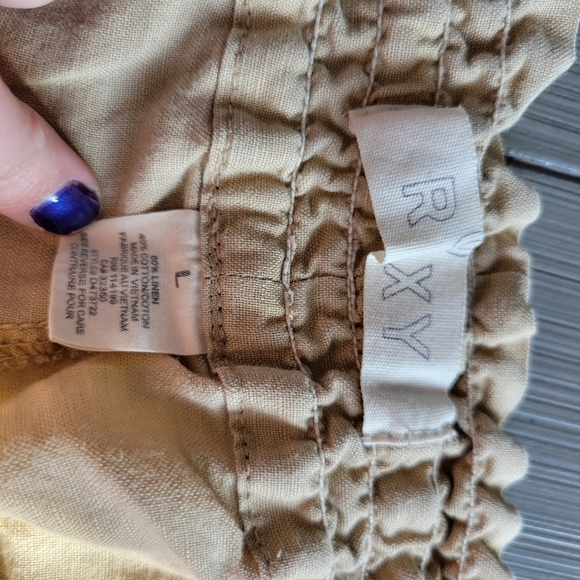 Roxy Large Tan Beige Khaki Linen Pants Lightweight Stretch Waist Casual Pockets - Picture 5 of 6